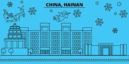 China, Hainan winter holidays skyline. Merry Christmas, Happy New Year decorated banner with Santa Claus.China, Hainan linear christmas city vector flat illustrationのイラスト素材