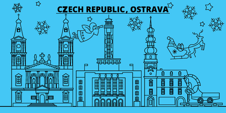 Czech Republic, Ostrava winter holidays skyline. Merry Christmas, Happy New Year decorated banner with Santa Claus.Flat, outline vector.Czech Republic, Ostrava linear christmas city illustrationのイラスト素材