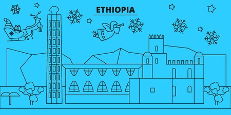 Ethiopia winter holidays skyline. Merry Christmas, Happy New Year decorated banner with Santa Claus.Flat, outline vector.Ethiopia linear christmas city illustrationのイラスト素材