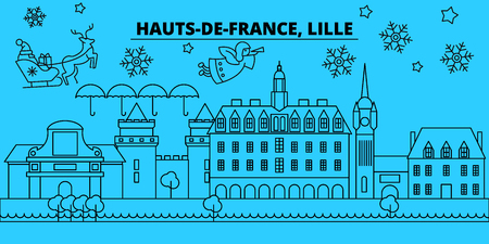 France, Lille winter holidays skyline. Merry Christmas, Happy New Year decorated banner with Santa Claus.Flat, outline vector.France, Lille linear christmas city illustrationのイラスト素材