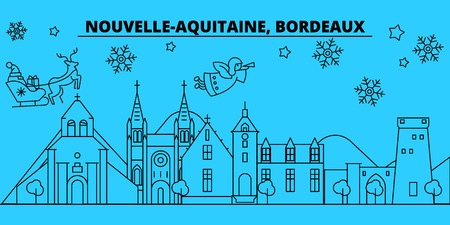 France, Bordeaux winter holidays skyline. Merry Christmas, Happy New Year decorated banner with Santa Claus.Flat, outline vector.France, Bordeaux linear christmas city illustrationのイラスト素材