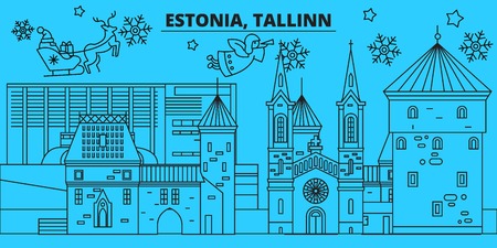 Estonia, Tallinn winter holidays skyline. Merry Christmas, Happy New Year decorated banner with Santa Claus.Flat, outline vector.Estonia, Tallinn linear christmas city illustrationのイラスト素材