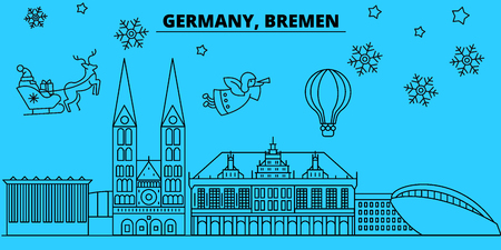 Germany, Bremen winter holidays skyline. Merry Christmas, Happy New Year decorated banner with Santa Claus.Flat, outline vector.Germany, Bremen linear christmas city illustrationのイラスト素材