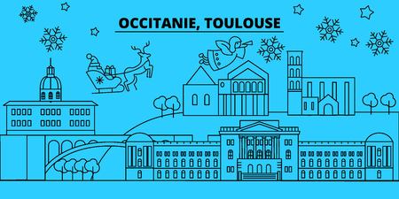 France, Toulouse winter holidays skyline. Merry Christmas, Happy New Year decorated banner with Santa Claus.Flat, outline vector.France, Toulouse linear christmas city illustrationのイラスト素材