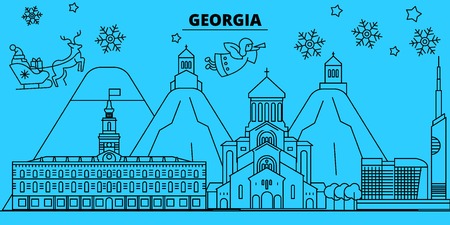Georgia winter holidays skyline. Merry Christmas, Happy New Year decorated banner with Santa Claus.Flat, outline vector.Georgia linear christmas city illustrationのイラスト素材
