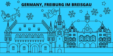 Germany, Freiburg im Breisgau winter holidays skyline. Merry Christmas, Happy New Year  with Santa Claus.Outline vector.Germany, Freiburg im Breisgau linear christmas city illustrationのイラスト素材