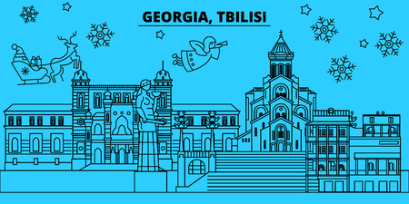 Georgia, Tbilisi winter holidays skyline. Merry Christmas, Happy New Year decorated banner with Santa Claus.Flat, outline vector.Georgia, Tbilisi linear christmas city illustrationのイラスト素材