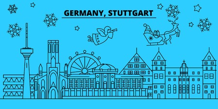 Germany, Stuttgart winter holidays skyline. Merry Christmas, Happy New Year decorated banner with Santa Claus.Flat, outline vector.Germany, Stuttgart linear christmas city illustrationのイラスト素材