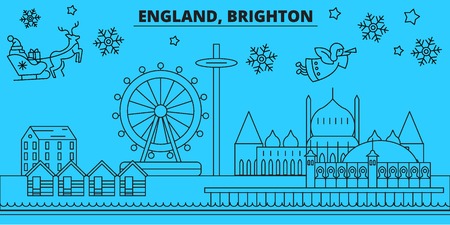 Great Britain, Brighton winter holidays skyline. Merry Christmas, Happy New Year decorated banner with Santa Claus.Flat, outline vector.Great Britain, Brighton linear christmas city illustrationのイラスト素材