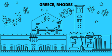 Greece, Rhodes winter holidays skyline. Merry Christmas, Happy New Year decorated banner with Santa Claus.Flat, outline vector.Greece, Rhodes linear christmas city illustrationのイラスト素材