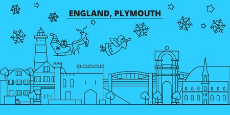 Great Britain, Plymouth winter holidays skyline. Merry Christmas, Happy New Year decorated banner with Santa Claus.Flat, outline vector.Great Britain, Plymouth linear christmas city illustrationのイラスト素材