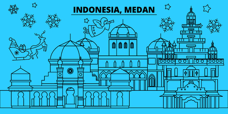 Indonesia, Medan winter holidays skyline. Merry Christmas, Happy New Year decorated banner with Santa Claus.Flat, outline vector.Indonesia, Medan linear christmas city illustrationのイラスト素材