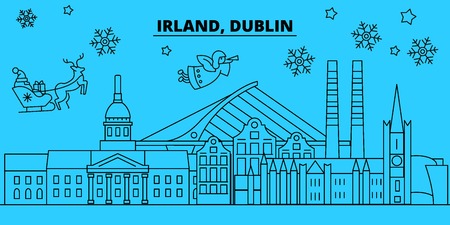 Ireland, Dublin winter holidays skyline. Merry Christmas, Happy New Year decorated banner with Santa Claus.Flat, outline vector.Ireland, Dublin linear christmas city illustrationのイラスト素材