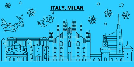 Italy, Milan city winter holidays skyline. Merry Christmas, Happy New Year decorated banner with Santa Claus.Flat, outline vector.Italy, Milan city linear christmas city illustrationのイラスト素材