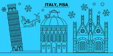 Italy, Pisa winter holidays skyline. Merry Christmas, Happy New Year decorated banner with Santa Claus.Flat, outline vector.Italy, Pisa linear christmas city illustrationのイラスト素材