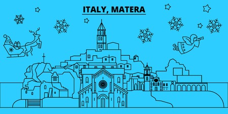 Italy, Matera winter holidays skyline. Merry Christmas, Happy New Year decorated banner with Santa Claus.Flat, outline vector.Italy, Matera linear christmas city illustrationのイラスト素材