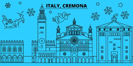 Italy, Cremona winter holidays skyline. Merry Christmas, Happy New Year decorated banner with Santa Claus.Flat, outline vector.Italy, Cremona linear christmas city illustrationのイラスト素材
