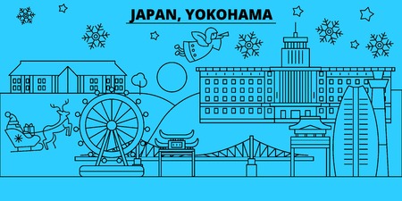 Japan, Yokohama winter holidays skyline. Merry Christmas, Happy New Year decorated banner with Santa Claus.Flat, outline vector.Japan, Yokohama linear christmas city illustrationのイラスト素材