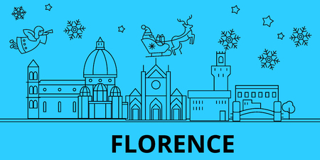 Italy, Florence winter holidays skyline. Merry Christmas, Happy New Year decorated banner with Santa Claus.Flat, outline vector.Italy, Florence linear christmas city illustrationのイラスト素材