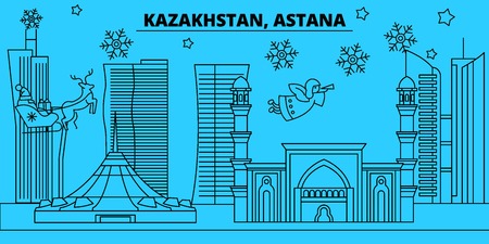 Kazakhstan, Astana winter holidays skyline. Merry Christmas, Happy New Year decorated banner with Santa Claus.Flat, outline vector.Kazakhstan, Astana linear christmas city illustrationのイラスト素材