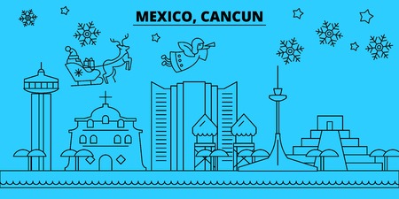 Mexico, Cancun winter holidays skyline. Merry Christmas, Happy New Year decorated banner with Santa Claus.Flat, outline vector.Mexico, Cancun linear christmas city illustrationのイラスト素材