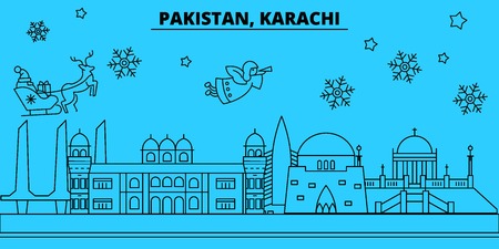 Pakistan, Karachi winter holidays skyline. Merry Christmas, Happy New Year decorated banner with Santa Claus.Flat, outline vector.Pakistan, Karachi linear christmas city illustrationのイラスト素材