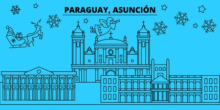 Paraguay, Asuncion winter holidays skyline. Merry Christmas, Happy New Year decorated banner with Santa Claus.Flat, outline vector.Paraguay, Asuncion linear christmas city illustrationのイラスト素材