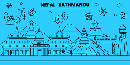 Nepal, Kathmandu winter holidays skyline. Merry Christmas, Happy New Year decorated banner with Santa Claus.Flat, outline vector.Nepal, Kathmandu linear christmas city illustrationのイラスト素材