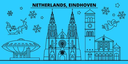 Netherlands, Eindhoven winter holidays skyline. Merry Christmas, Happy New Year decorated banner with Santa Claus.Flat, outline vector.Netherlands, Eindhoven linear christmas city illustrationのイラスト素材