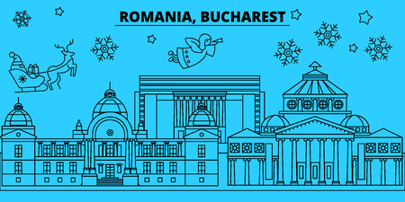 Romania, Bucharest winter holidays skyline. Merry Christmas, Happy New Year decorated banner with Santa Claus.Flat, outline vector.Romania, Bucharest linear christmas city illustrationのイラスト素材
