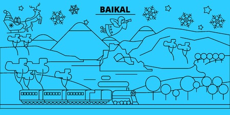 Russia, Baikal winter holidays skyline. Merry Christmas, Happy New Year decorated banner with Santa Claus.Flat, outline vector.Russia, Baikal linear christmas city illustrationのイラスト素材
