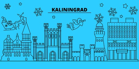 Russia, Kaliningrad city winter holidays skyline. Merry Christmas, Happy New Year decorated banner with Santa Claus.Flat, outline vector.Russia, Kaliningrad city linear christmas city illustrationのイラスト素材