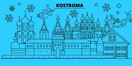 Russia, Kostroma winter holidays skyline. Merry Christmas, Happy New Year decorated banner with Santa Claus.Flat, outline vector.Russia, Kostroma linear christmas city illustrationのイラスト素材