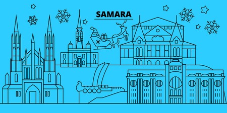 Russia, Samara winter holidays skyline. Merry Christmas, Happy New Year decorated banner with Santa Claus.Flat, outline vector.Russia, Samara linear christmas city illustrationのイラスト素材