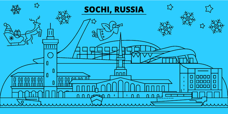 Russia, Sochi winter holidays skyline. Merry Christmas, Happy New Year decorated banner with Santa Claus.Flat, outline vector.Russia, Sochi linear christmas city illustrationのイラスト素材