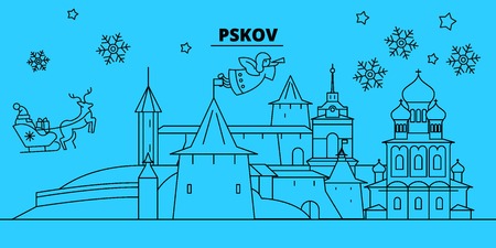 Russia, Pskov winter holidays skyline. Merry Christmas, Happy New Year decorated banner with Santa Claus.Flat, outline vector.Russia, Pskov linear christmas city illustrationのイラスト素材