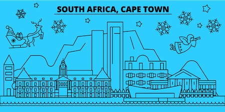 South Africa, Cape Town winter holidays skyline. Merry Christmas, Happy New Year decorated banner with Santa Claus.Flat, outline vector.South Africa, Cape Town linear christmas city illustrationのイラスト素材