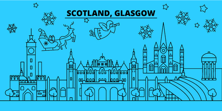 Scotland, Glasgow winter holidays skyline. Merry Christmas, Happy New Year decorated banner with Santa Claus.Flat, outline vector.Scotland, Glasgow linear christmas city illustrationのイラスト素材