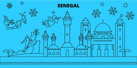 Senegal winter holidays skyline. Merry Christmas, Happy New Year decorated banner with Santa Claus.Flat, outline vector.Senegal linear christmas city illustrationのイラスト素材