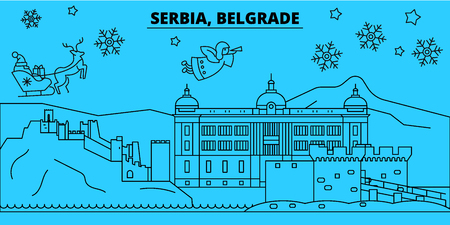 Serbia, Belgrade winter holidays skyline. Merry Christmas, Happy New Year decorated banner with Santa Claus.Flat, outline vector.Serbia, Belgrade linear christmas city illustrationのイラスト素材