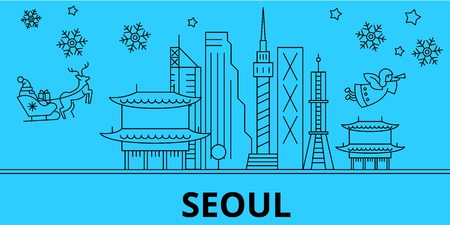 South Korea, Seoul winter holidays skyline. Merry Christmas, Happy New Year decorated banner with Santa Claus.Flat, outline vector.South Korea, Seoul linear christmas city illustrationのイラスト素材