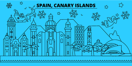 Spain, Canarian Islands winter holidays skyline. Merry Christmas, Happy New Year decorated banner with Santa Claus.Flat, outline vector.Spain, Canarian Islands linear christmas city illustrationのイラスト素材