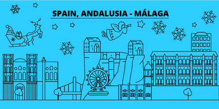 Spain, Malaga, Andalusia winter holidays skyline. Merry Christmas, Happy New Year decorated banner with Santa Claus.Flat, outline vector.Spain, Malaga, Andalusia linear christmas, city illustrationのイラスト素材