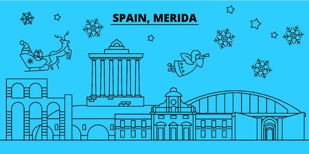 Spain, Merida winter holidays skyline. Merry Christmas, Happy New Year decorated banner with Santa Claus.Flat, outline vector.Spain, Merida linear christmas city illustrationのイラスト素材