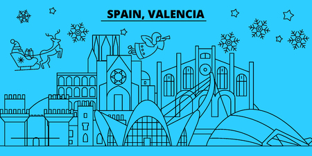 Spain Valencia Winter Holidays Skyline Merry Christmas Happy New Year Decorated Banner With Santa Claus Flat Outline Vector Spain Valencia Linear Christmas City Illustration Royalty Free Vector Graphics