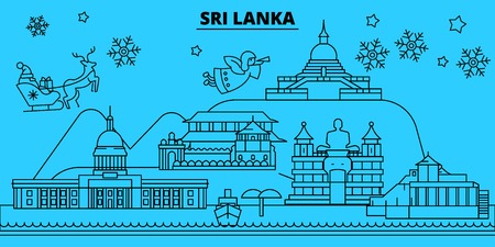 Sri Lanka winter holidays skyline. Merry Christmas, Happy New Year decorated banner with Santa Claus.Flat, outline vector.Sri Lanka linear christmas city illustrationのイラスト素材