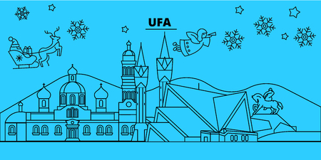 Russia, Ufa winter holidays skyline. Merry Christmas, Happy New Year decorated banner with Santa Claus.Flat, outline vector.Russia, Ufa linear christmas city illustrationのイラスト素材