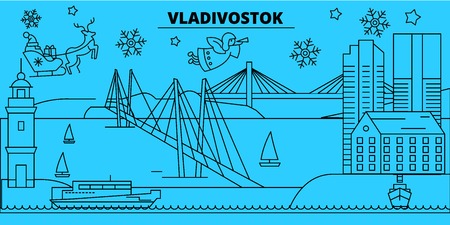 Russia, Vladivostock winter holidays skyline. Merry Christmas, Happy New Year decorated banner with Santa Claus.Flat, outline vector.Russia, Vladivostock linear christmas city illustrationのイラスト素材