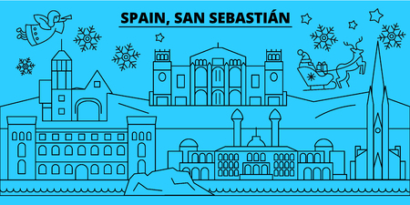 Spain, San Sebastian winter holidays skyline. Merry Christmas, Happy New Year decorated banner with Santa Claus.Flat, outline vector.Spain, San Sebastian linear christmas, city illustrationのイラスト素材
