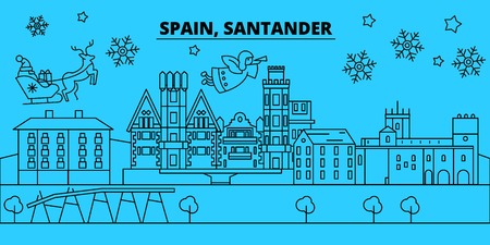 Spain, Santander winter holidays skyline. Merry Christmas, Happy New Year decorated banner with Santa Claus.Flat, outline vector.Spain, Santander linear christmas city illustrationのイラスト素材